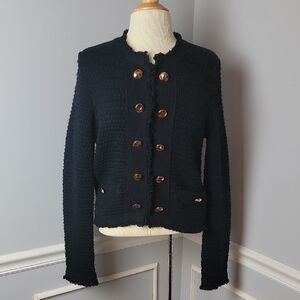 MILLY Black Merino Wool Angora Blend Gold Hammered Button Lady Jacket Cardigan M